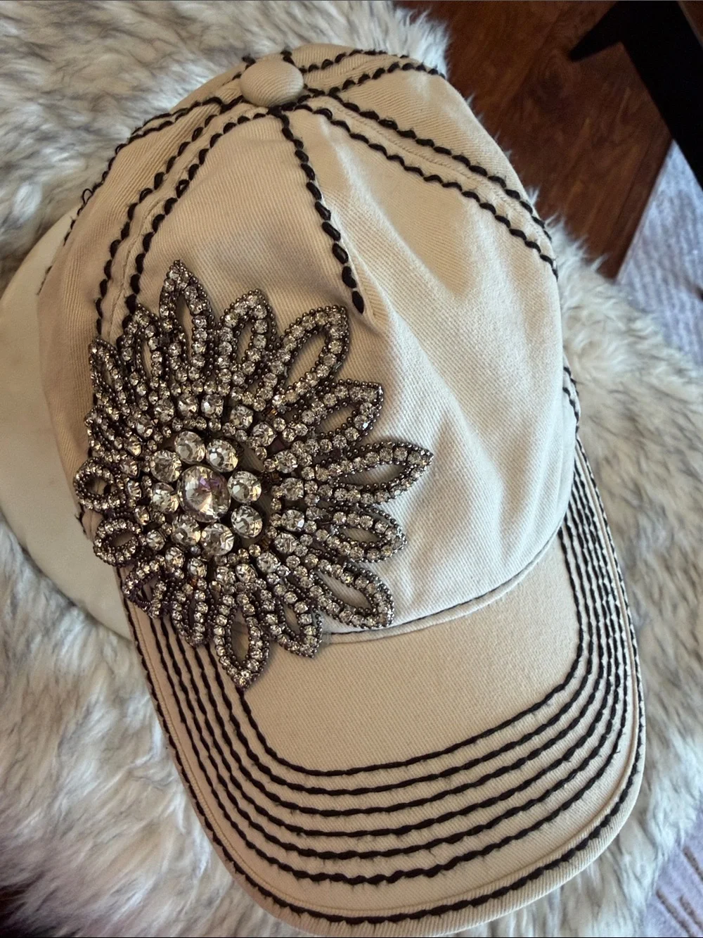 OLIVE & PIQUE Embellished Crystal Flower Baseball Cap - White